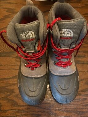 The North Face Gray and Red Kids Waterproof Winter Boots